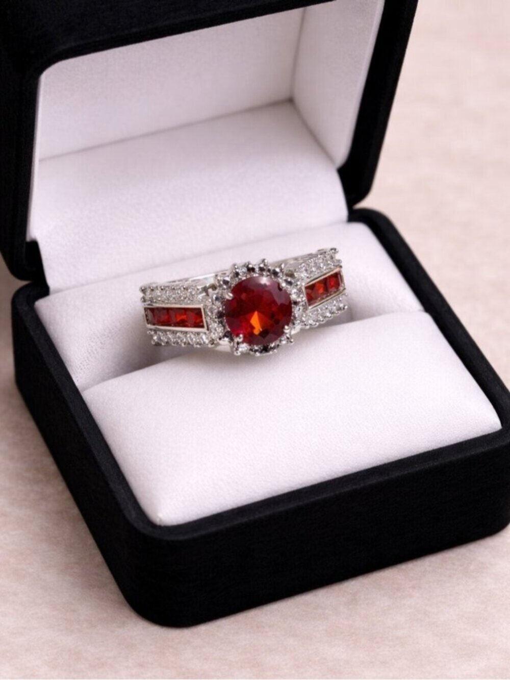 Elegant Ruby Red Silver plated Gemstone Ring size 6 beautiful sparkly